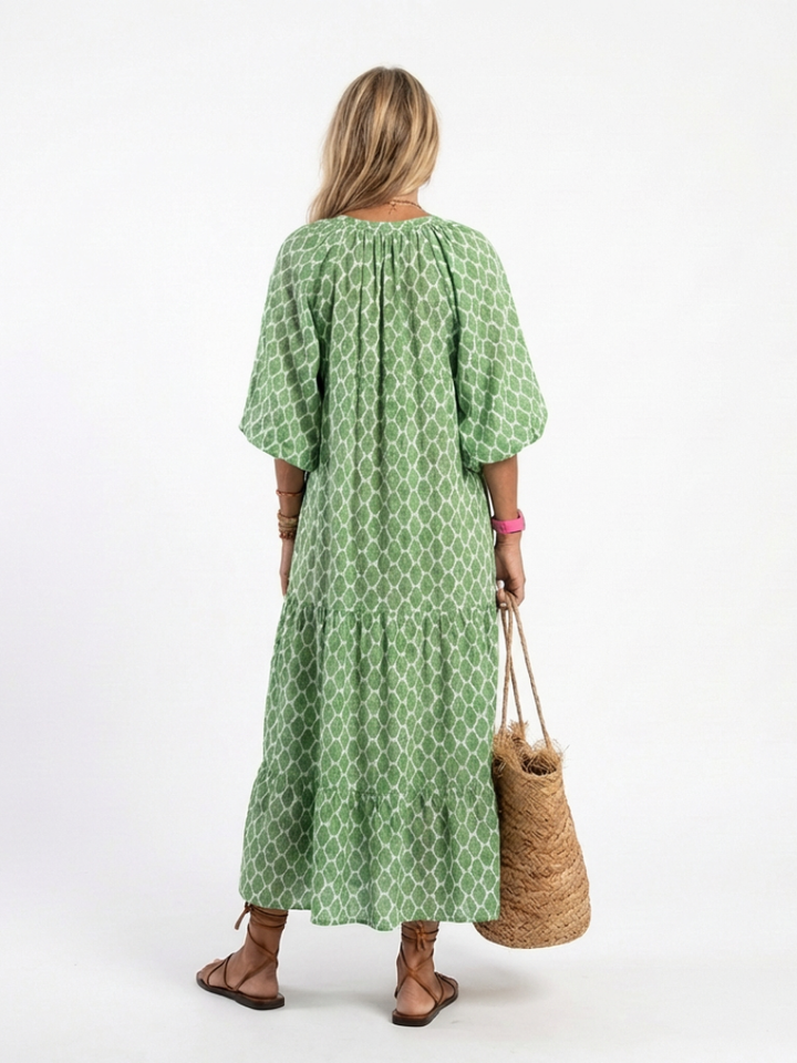 APOLLINE | THREE-QUARTER SLEEVE V-NECK PATTERNED MIDI DRESS