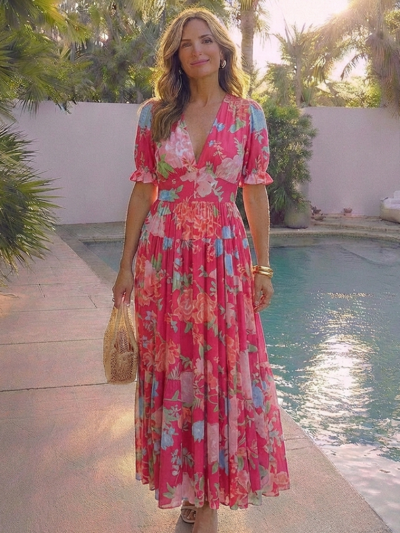 IONE | SHORT SLEEVE V NECK FLORAL MIDI DRESS