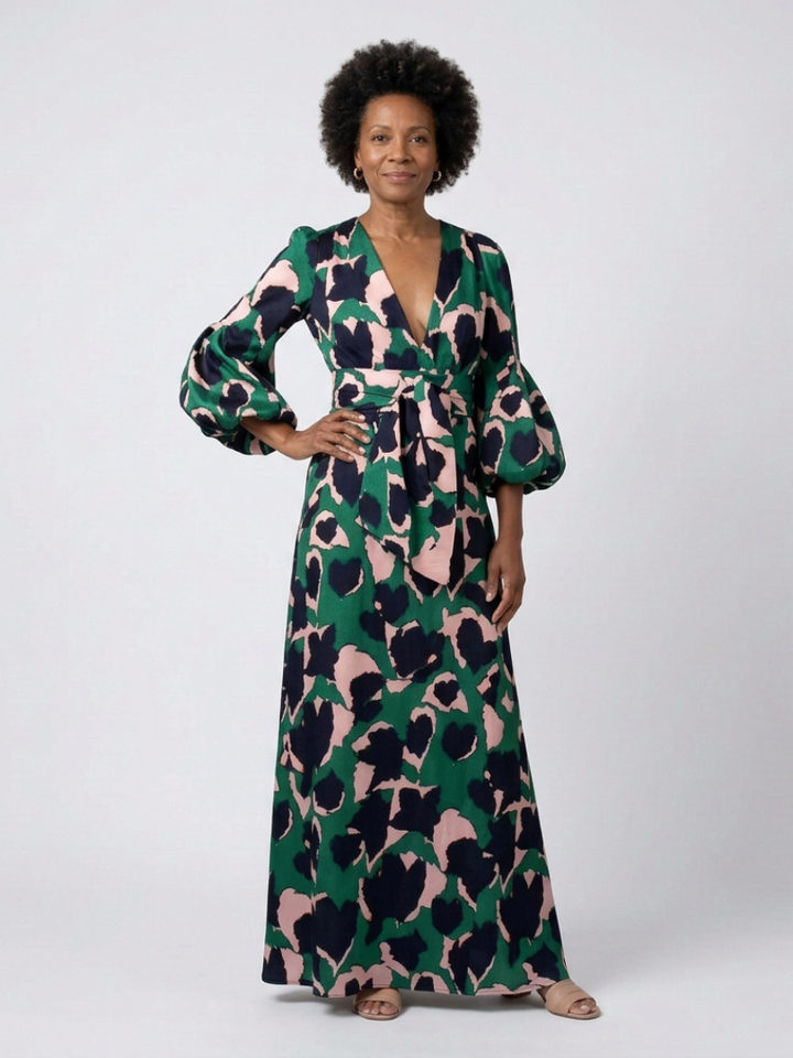 ISOLDE | V NECK TIE WAIST LONG SLEEVE MAXI DRESS