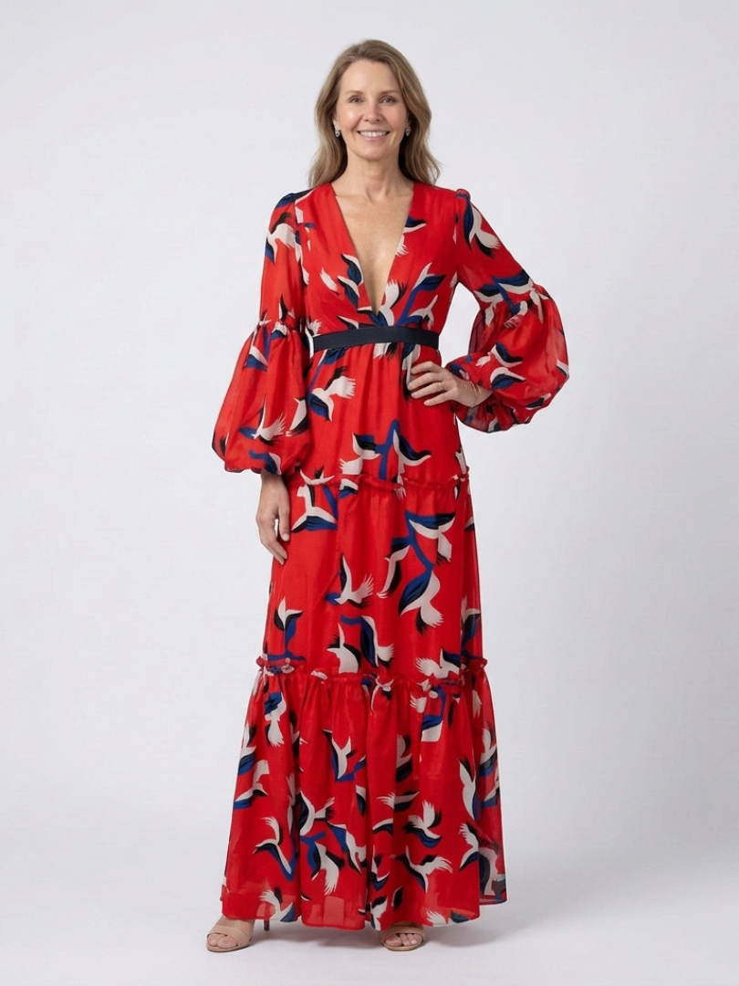 ISOLDE | V NECK TIE WAIST LONG SLEEVE MAXI DRESS