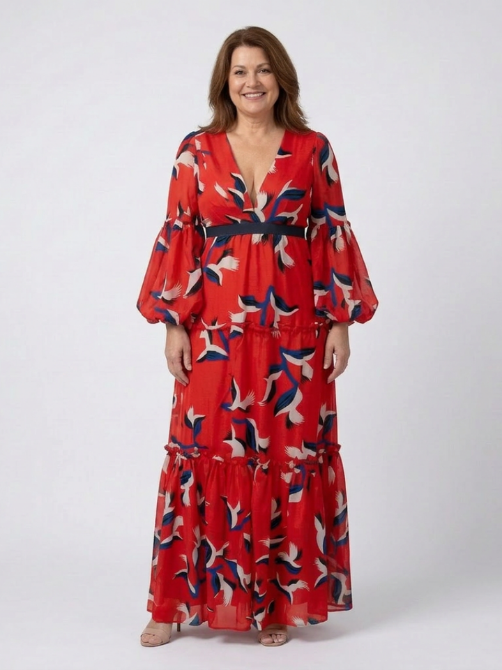 ISOLDE | V NECK TIE WAIST LONG SLEEVE MAXI DRESS